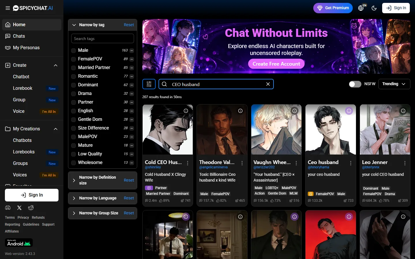 SpicyChat Discover search grid filtered to adult CEO husband characters
